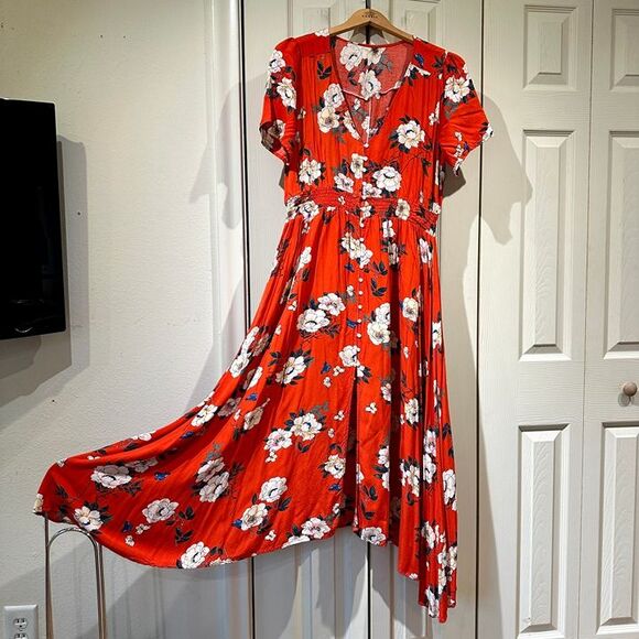 Retro Tomato Red & White Floral Flowy Short Sleeve Button Down A Line Maxi Dress - Picture 2 of 12